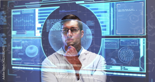 Scientist analyzing futuristic digital interface, focusing on data and technology