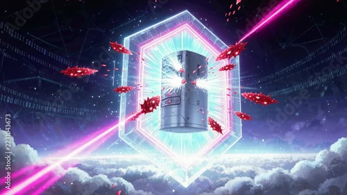 Futuristic Server Tower Above Cloud With Glowing Neon Portal, Red Laser Fragment, Digital Data Fragments, Cyber Environment