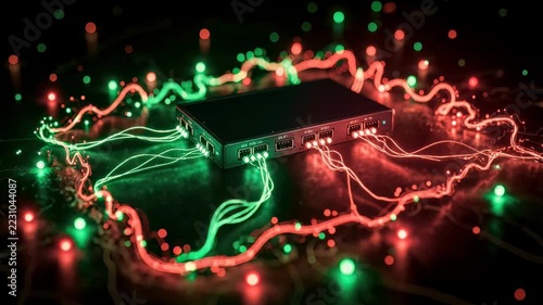 Network device switch with glowing red and green cable connection creating futuristic digital network technology scene