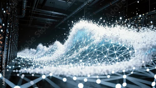 Digital Network Wave in Dark Data Center, Abstract Blue Light Water Splash for Secure Cloud Computing Technology