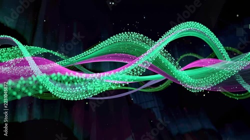 Abstract Light Wave with Glowing Green Pink Particle Ribbon, Neon Purple Curves and Dynamic Digital Motion Background