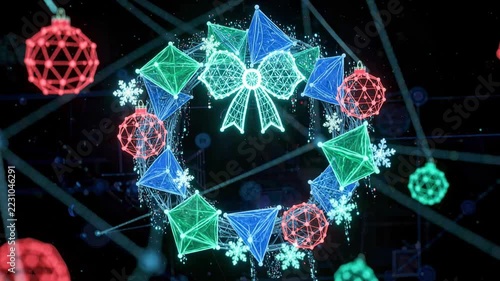 Abstract Christmas Wreath, Geometric Ornament, Glowing Snowflake Decoration, Neon Holiday Design Against Dark Festive Background