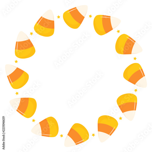 Candy corn and stars Halloween wreath, isolated on transparent background. Charming festive kids decorations with copy space. PNG. Vector
