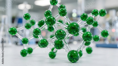 A close up photograph of a complex molecular model displayed on a laboratory table representing energy sources for scientific research, education, and innovation