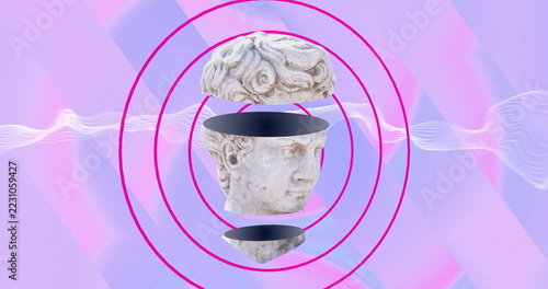 Ancient sculpture head with brain over concentric circles and waveforms