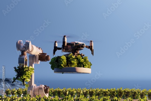 Drone with Robotics arm organic farm robot machine processing hand machinery factory green nature plant garden grow food warehouse natural rack glasshouse cos