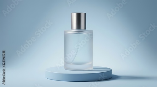 Minimalist frosted glass perfume bottle mockup on a blue cylindrical pedestal against a light blue studio background for product display