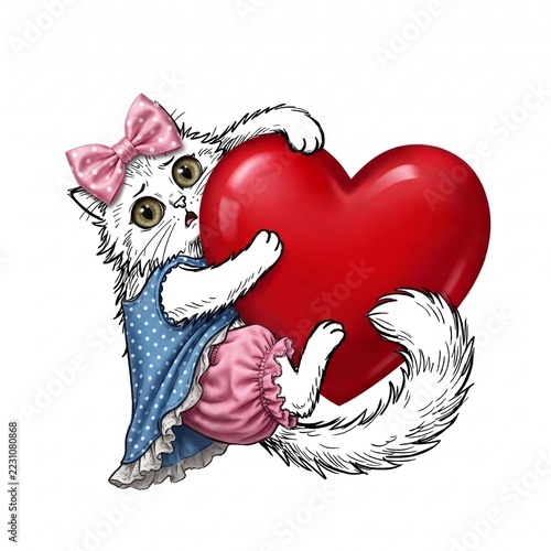 Offended Kitten in Polka Dot Dress with Red Heart, Mixed Media Love Illustration, Isolated on White Background, Square Format