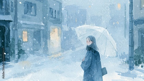 雪の降る静かな街角で透明な傘を差す女性を描いた淡い水彩イラスト