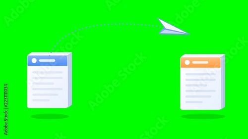 Illustration of file transfer between two documents, animation, green screen background, 