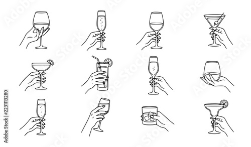 Elegant Female Hands Holding Wine and Champagne Glasses Minimalist Line Art Set