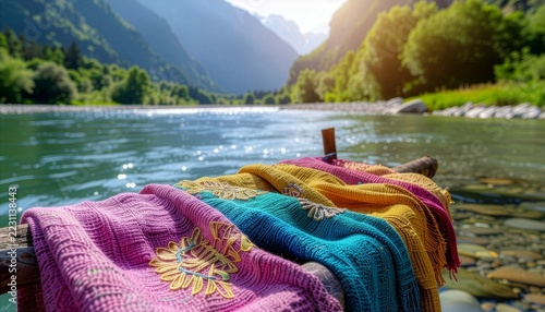 Vibrant colorful embroidered textiles drying by a scenic mountain river in a sunny alpine valley