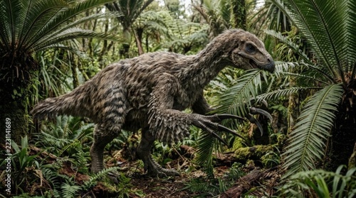 A detailed digital art illustration depicts a feathered dinosaur standing alert amidst lush prehistoric jungle foliage while reaching out with sharp claws to feed on giant fern fronds