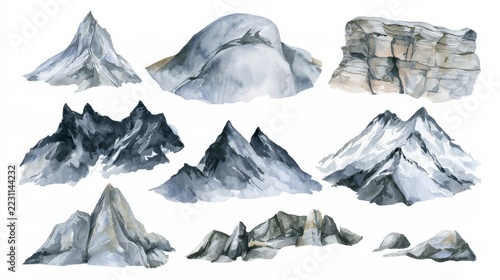 Watercolor study of mountain peaks, rock formations, and cliffs on a white background