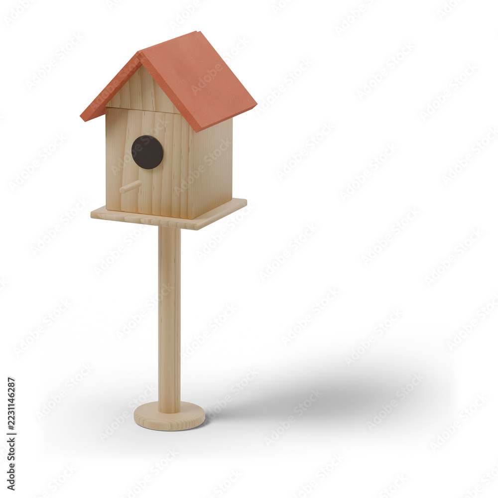 Obraz premium Wooden birdhouse with a terracotta roof on a pole