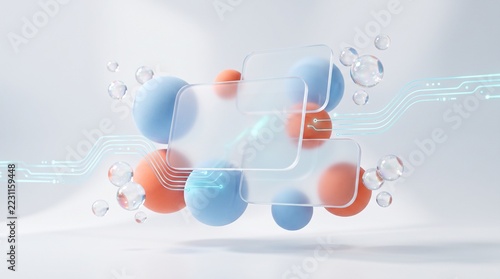 Abstract 3d rendering of futuristic technology with transparent screens, spheres, and circuit lines