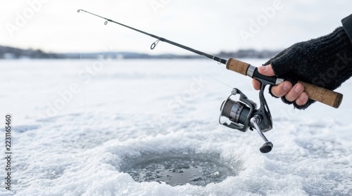 Close-up of a person holding an ice fishing rod and reel over a hole in a frozen lake. Winter fishing hobby