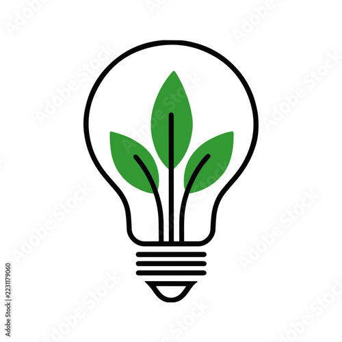 Green leaf growing inside light bulb outline icon for ecology concept