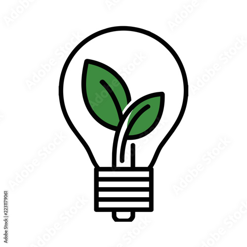 Minimalist light bulb line icon with green leaves inside for eco energy concept