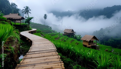 Serene tropical rice terraces with traditional thatch huts and curved bamboo boardwalk in misty valley
