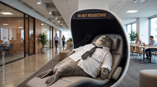 Seal wearing a shirt and tie sleeping in a modern office chair