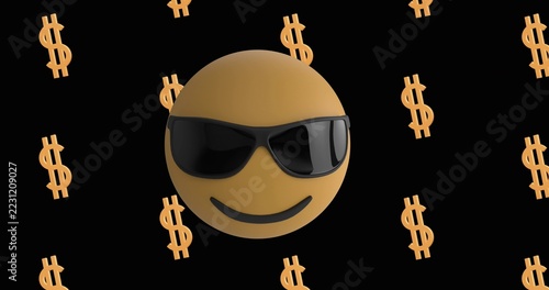 Floating gold 3D emoji wearing glossy black shades, showing smile and dollar signs pattern