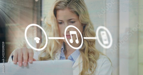 Checking woman wearing white lab coat and shirt at clinic, using laptop and music-note UI icons
