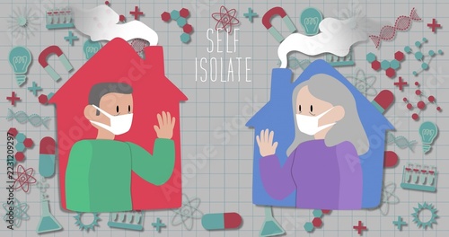 Waving two cartoon figures wearing face masks inside red and blue houses, with SELF ISOLATE text