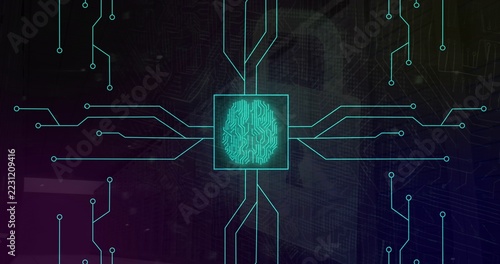 Radiating central turquoise square emitting neon traces through network, with fingerprint padlock