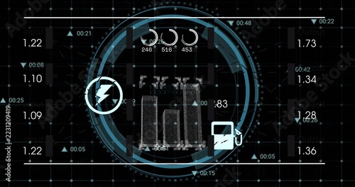 Displaying central HUD showing three battery meters at console, with bolt icon, pump icon, arcs