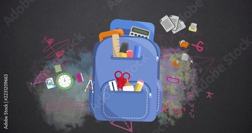 Displaying blue backpack centered on chalkboard, containing ruler, calculator, red scissors