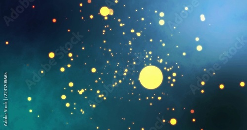 Glowing large yellow central orb hovering in teal-to-blue gradient, with orange-yellow specks