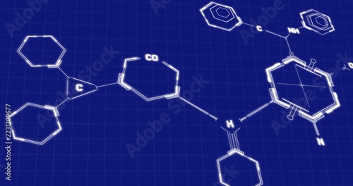 Displaying network of glowing chemical rings over blue grid, showing atom labels and crosshair