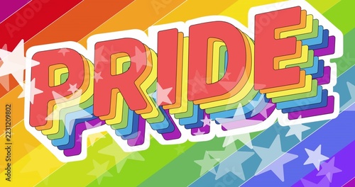 Displaying large stylized PRIDE letters stacking rainbow layers on digital poster
