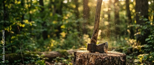 Axe Embedded in Log with Sunlight Filtering Through Trees in Forest Setting