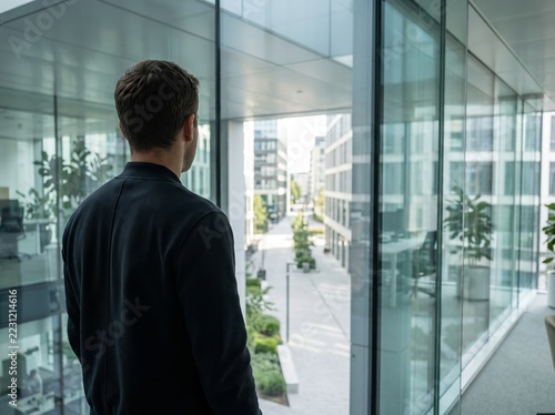 Young Man Looking Out of Modern Office Window at Urban Street with Greenery