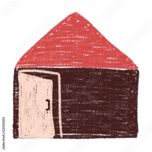 Simple House with Open Door Hand-Drawn Illustration in Crayon Texture Drawing