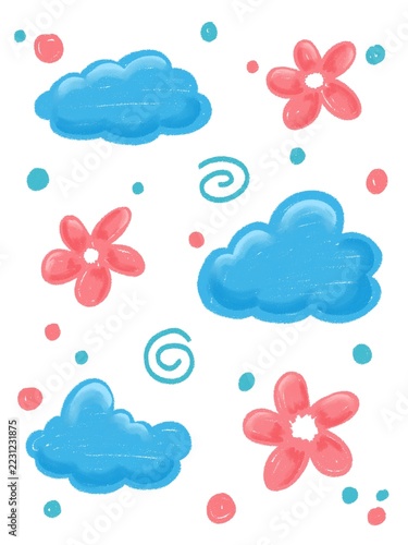 Blue Clouds and Red Flowers Pattern with Decoration Element Suitable for Wallpaper and Background