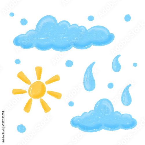 Hand Drawn Illustration of Cloud Sun and water drop Set in Children Style with Crayon Textured