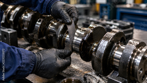 Mechanic polishing crankshaft journal bearing surface using emery cloth in workshop.