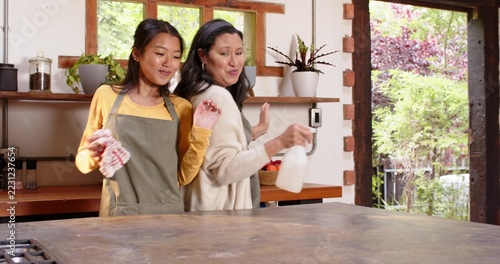 Mother and adult daughter wiping counter in home kitchen using spray bottle with cloth, copy space