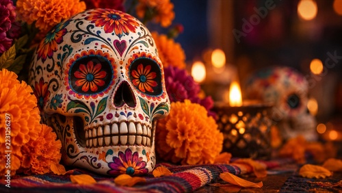 Decorative sugar skull surrounded by marigolds on a Day of the Dead altar. Mexican holiday honoring the deceased. Cultural remembrance and ancestral celebration. Festive folk art tradition.