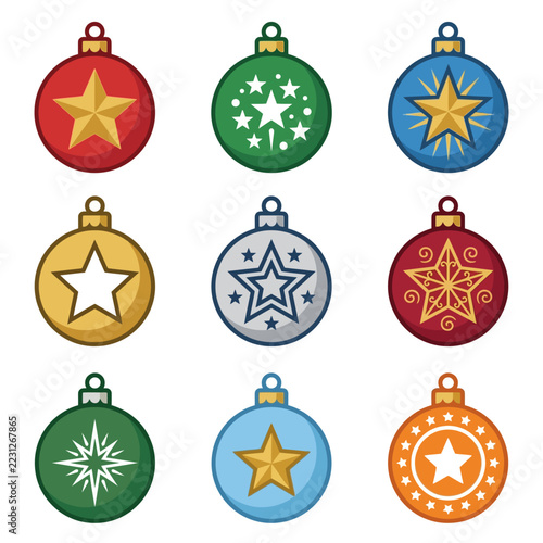 Collection of nine colorful Christmas ornaments with star designs.