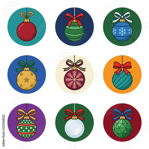 Collection of nine festive Christmas ornaments with bows and ribbons.