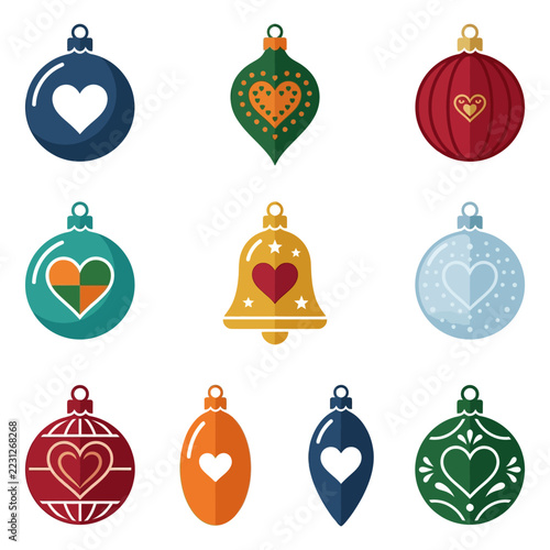 Collection of nine festive Christmas ornaments with heart designs.