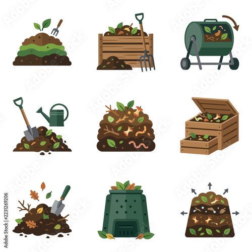 Composting methods and materials illustration set.