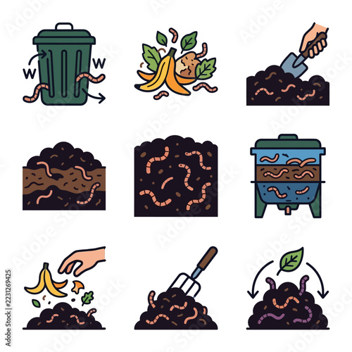 Composting Worms and Organic Waste Icons Set.