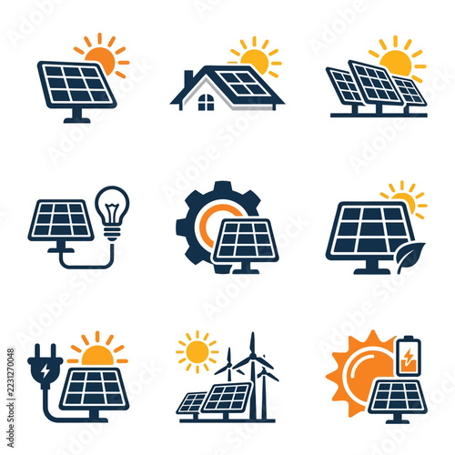 Solar energy icons set for renewable power generation and sustainability concepts.