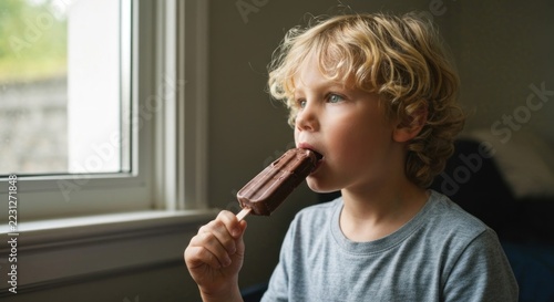 Boy with curly blonde hair enjoys a chocolate ice pop indoors, near a window