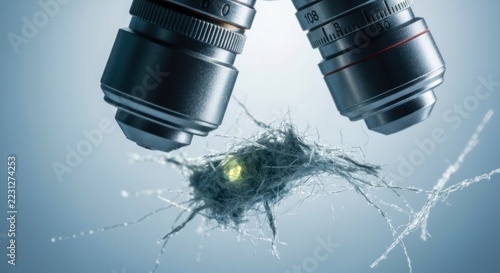 Close-up of microscope lenses above a biological structure with glowing center